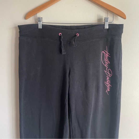 Harley Davidson Wide Leg Sweat Track Pant Pull On Black Pink Size Large - Picture 3 of 8